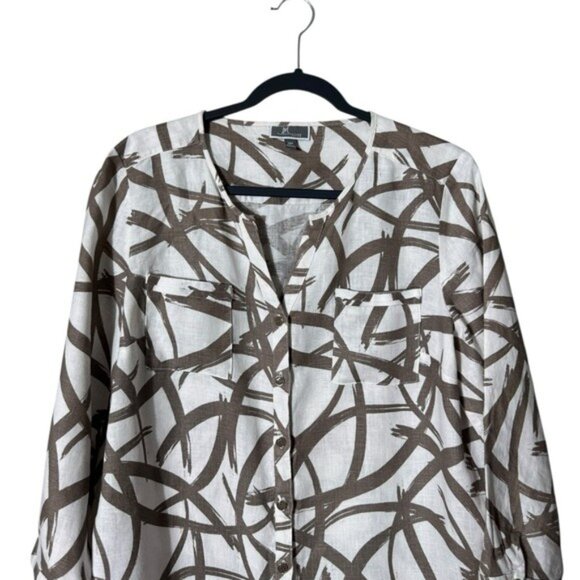 Womens Linen Button Up Top Blouse Size 14P Beachy Coastal Lagom Artsy Abstract - Picture 3 of 9